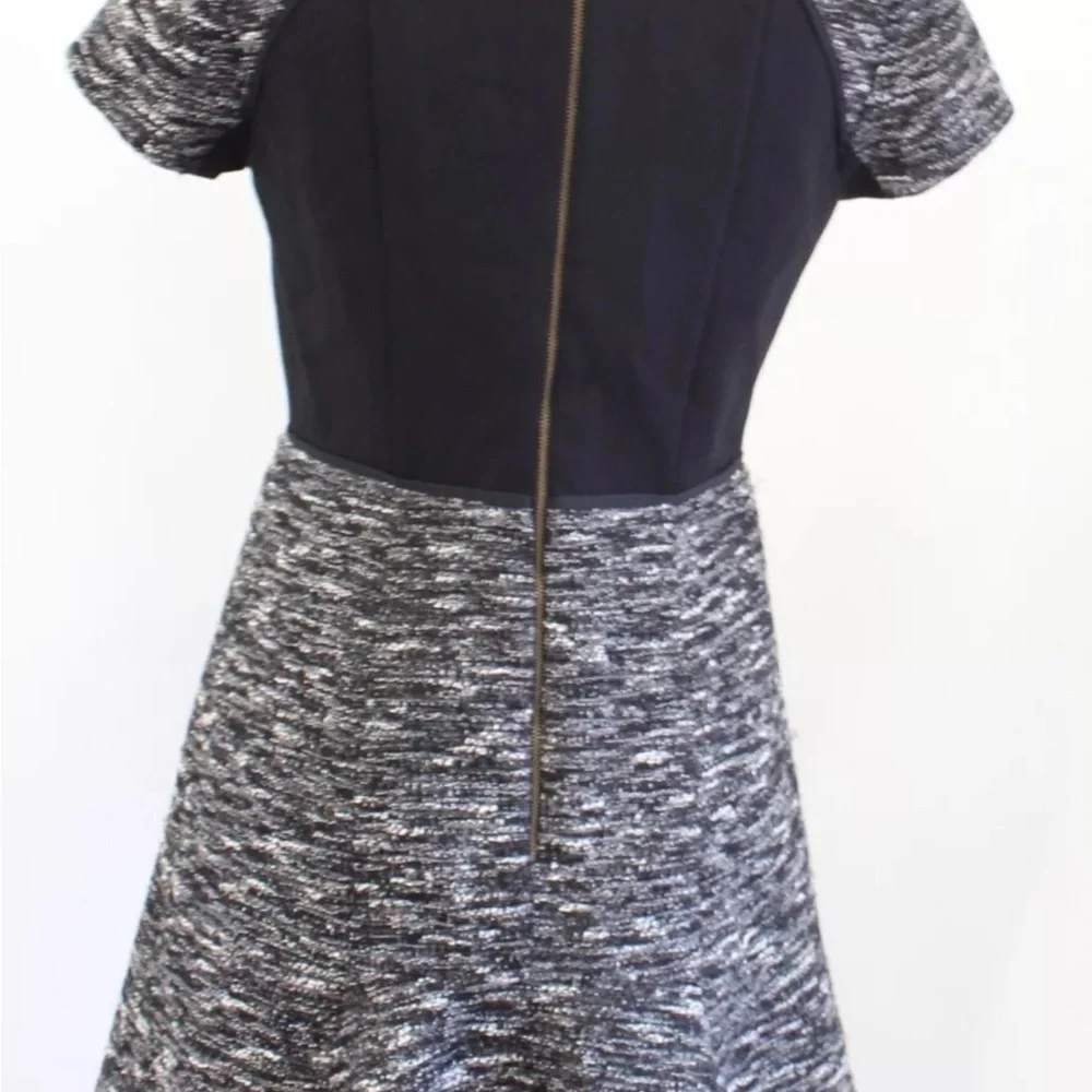 J Crew Black Gray White Mixed Tweed Panel Fit and Flare Flounce Dress Size XXS